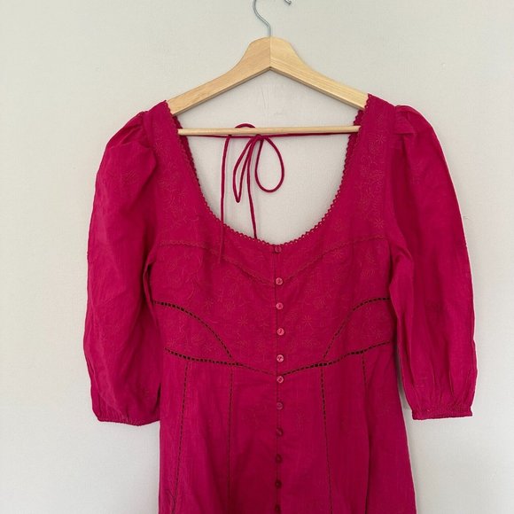 Free People Lisa Embroidered Lace Midi Dress Size S Pink Puff Sleeves Boho BNWT - Picture 12 of 16